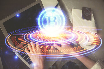 Aufkleber - Double exposure of woman hands typing on computer and crypto market theme hologram drawing. Blockchain concept.