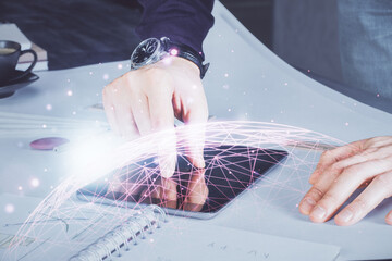 Poster - Double exposure of man's hands holding and using a phone and social network theme drawing.