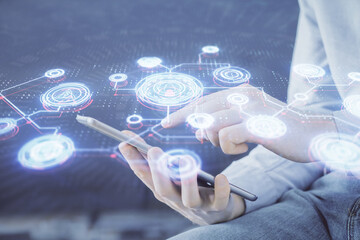 Poster - Double exposure of man's hands holding and using a phone and social network theme drawing.