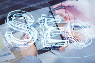 Poster - Multi exposure of man's hands holding and using a digital device and seo drawing. search optimization concept.