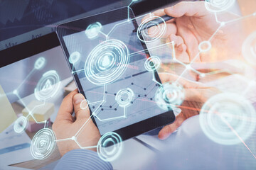 Poster - Double exposure of man's hands holding and using a phone and social network theme drawing.