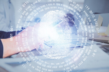 Poster - Double exposure of man's hands holding and using a digital device and fingerprint hologram drawing. Security concept.