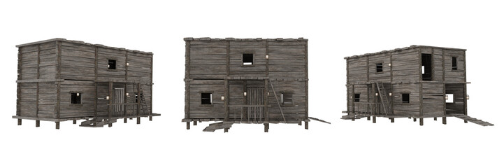 Poster - Set of 3 wooden medieval buildings with flat roof. 3D rendering isolated.