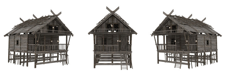 Poster - Set of 3 wooden medieval buildings isolated from 3 different angles. 3D illustration.