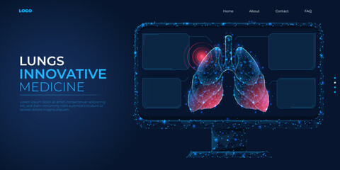 Wall Mural - Digital 3d low poly model of the human lung. Concept blue respiratory system, pneumonia, asthma. Abstract background vector illustration.