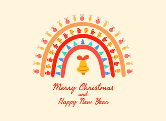 Wall Mural - A Christmas card with a rainbow decorated with garlands, mittens and trees and a bell in the center. Happy new year cover vector illustration for banner, party invitations and greetings