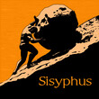 Sisyphus greek myth rolling a rock in a mountain. Guy worker strong figure climb carry goal 