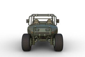 Poster - 3D rendering of a green military all terrain vehicle viewed from the front isolated on a transparent background.