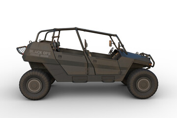 Poster - 3D rendering of a black ops military all terrain vehicle seen from the side isolated on a transparent background.