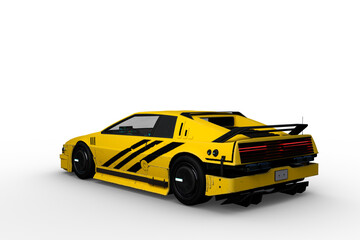 Poster - Rear perspective 3D rendering of a yellow and black cyberpunk style futuristic car isolated on a transparent background.