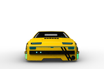 Poster - Front view 3D rendering of a yellow and black cyberpunk style futuristic car isolated on a transparent background.