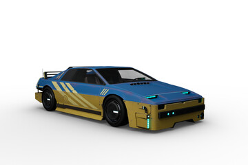 Wall Mural - 3D rendering of a blue and yellow futuristic cyberpunk style car isolated on a transparent background.