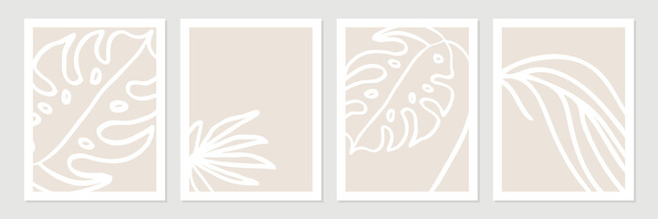 Aufkleber - Set of abstract tropical organic shapes, leaves, lines and textures in white on neutral nude and beige background.