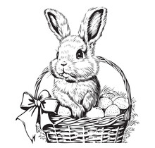 Easter Bunny Sitting In A Basket With Eggs Hand Drawn Sketch.Doodle Style.Vector Illustration.