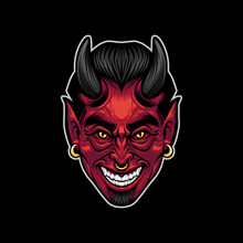 Illustration Of Red Devil Head Smiling, Look Evil And Angry