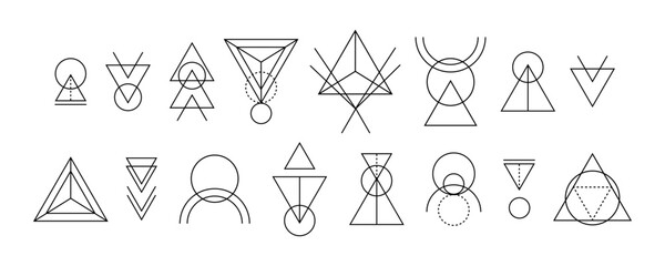 Set of geometry linear shapes. Magical and mystical ornaments, decorative elements, doodle outline esoteric signs symbols for Tattoo, Mehendi and printing. Abstract mysterious shapes with dotted lines