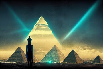 Dark scene with egyptian pyramid and egyptian cat Bastet. The mystical atmosphere of antiquity. abstract dark background, neon blue light. Futuristic style.