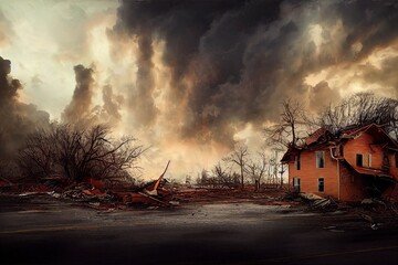 Fototapete - Digital paintings of houses and debris caught in tornadoes.