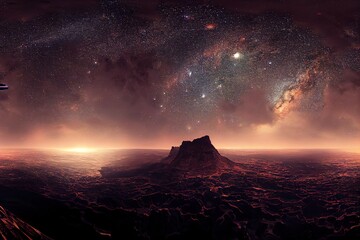 Colorful 360 degree panoramic landscape starry night milky way galaxy. (Plane backplate, computer digitally generated illustration.)