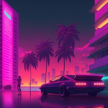 Retro Futuristic Back Side View 80s Supercar On Trendy Synthwave, Vaporwave, Cyberpunk Sunset Background. Back To 80s Concept