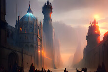 Gothic Fantasy City With Cathedrals, Churches, Towers, Houses And Knights, Wizards And Priests In Mystic Mist - Warhammer - D&D - High Fantasy - Bloodborne  - Catolic - Medieval - Concept Art