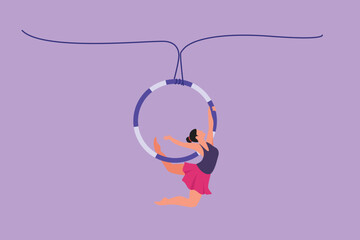 Wall Mural - Graphic flat design drawing female acrobat performs on aerial hoop while dancing and has one arm and both legs stretched backwards. Circus show event entertainment. Cartoon style vector illustration