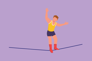 Wall Mural - Graphic flat design drawing male acrobat walking on rope while dancing and raising his hand. Attraction requires courage and agility. Circus show event entertainment. Cartoon style vector illustration