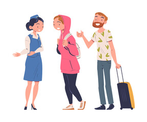 Poster - Man and Woman Character at the Airport Gate with Luggage Boarding Plane Vector Illustration