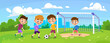 Cute young boys play soccer or football in a park outside of a city. Group of kid characters having fun outdoors. Children train with a ball on a grass field. Cartoon style vector illustration.