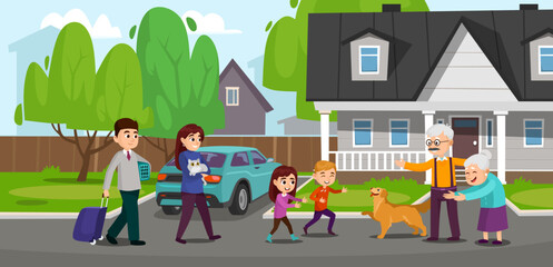 A young happy family with kids visiting grandparents at their home. Husband and wife with a daughter, a son, a pet cat and a dog came to grandma and grandpa. Cartoon style vector illustration.