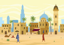 Middle East. Arabic Desert Landscape With Traditional Mud Brick Houses And People. Ancient Building On Background. Bedouin With Camel, Man With Jug On Head. Flat Vector Illustration