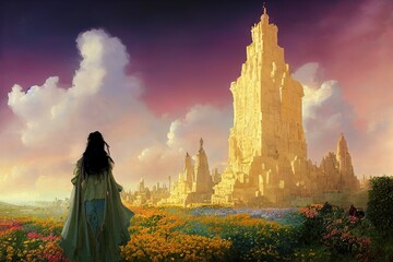 Wall Mural - Emerald City with yellow road, flowers and clouds