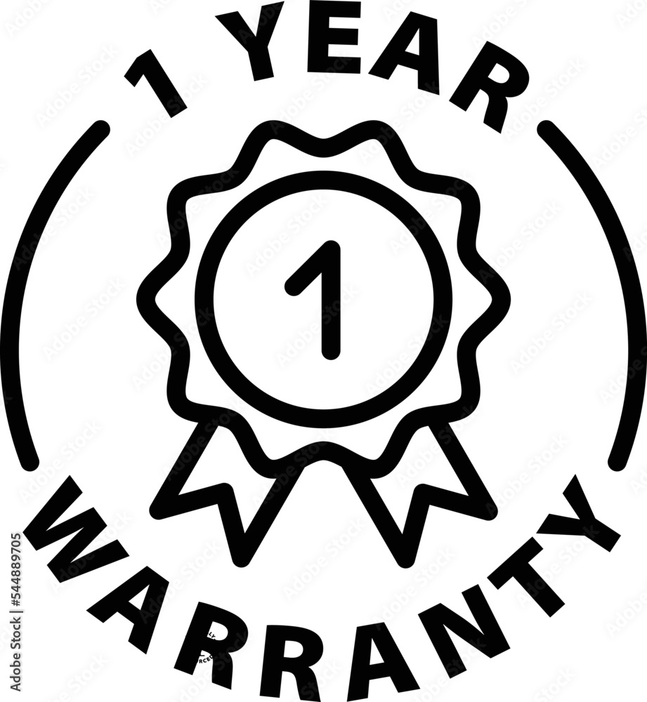 1 year warranty icon. Black outline rounded isolated product label icon ...