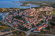 Aerial view to the town of Vrsar (Orsera) on Istrian coast of Croatia at sunrise.