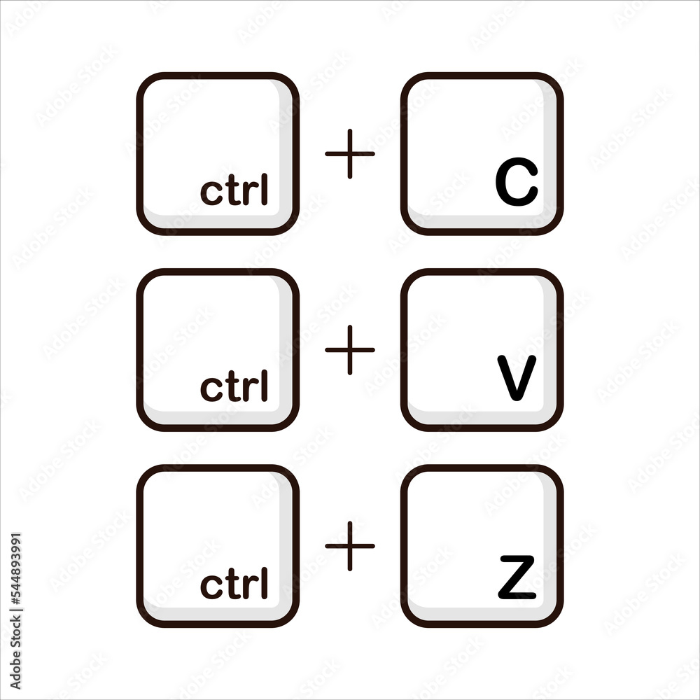 Ctrl C, Ctrl V, Ctrl Z keyboard buttons. User interface command standard set. Copy and paste key shortcut. Black and white computer icons, vector illustration design