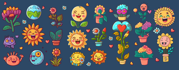 Poster - Funny cartoon characters. Sticker pack, posters, prints.  Love, heart, daisy, mushroom etc. Sticker pack in trendy retro psychedelic cartoon style. Vector illustration
