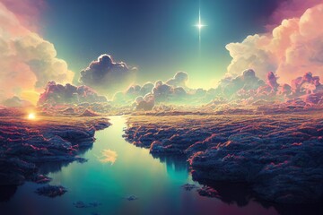 Wall Mural - Futuristic fantasy landscape with light clouds. Natural scene with neon light reflected in water. Neon space galaxy portal. 