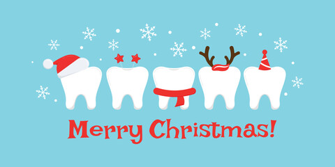 Wall Mural - Cute teeth with xmas accessories on Merry Christmas dentist greeting card. White happy winter teeth in santa hat with deer horns photo props. Flat design cartoon style vector illustration.