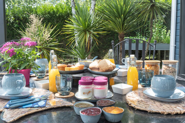 Healthy breakfast on a table in summer