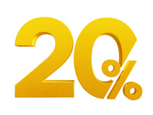  Golden Twenty Percent Sign, 20% Off, Sales Concept, 3d Rendering, Png