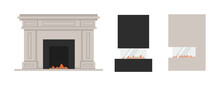 Various Fireplace Icons - Classic And Modern Home Fireplaces, Flat Vector Illustration Isolated On White Background. Set Of Stone And Brick Chimneys With Fire In The Hearth.