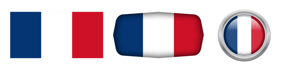 France national flag in three versions rectangular, ellipse and round flag on white background. vector illustration