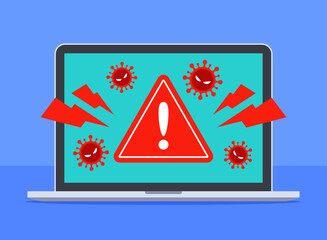 Fototapete - System alert warning about computer viruses in laptop. Technology threat of virus, malware, ransomware, trojan, or hacking. Cybercrime or antivirus concept. Flat cartoon vector icon illustration.