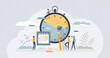Efficiency with productive process time management tiny person concept. Teamwork and precise schedule with tasks as productivity and effective work vector illustration. Monthly priority planning.