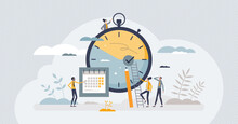 Efficiency With Productive Process Time Management Tiny Person Concept. Teamwork And Precise Schedule With Tasks As Productivity And Effective Work Vector Illustration. Monthly Priority Planning.