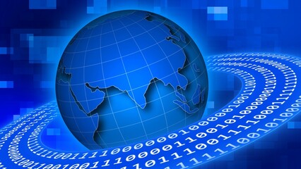 Poster - Binary Code circles around earth on abstract background from square elements - 3D Illustration