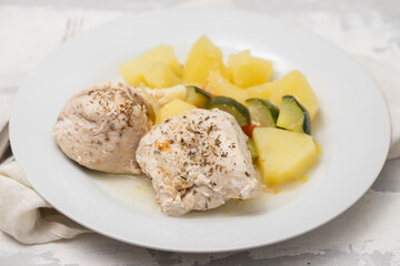 Canvas Print - Clean food, Boiled chicken breasts with vegetables.