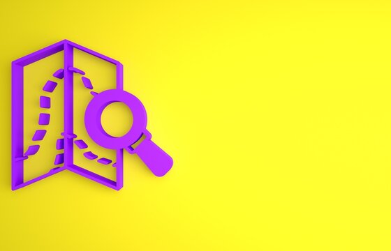 Purple Search location icon isolated on yellow background. Magnifying glass with pointer sign. Minimalism concept. 3D render illustration