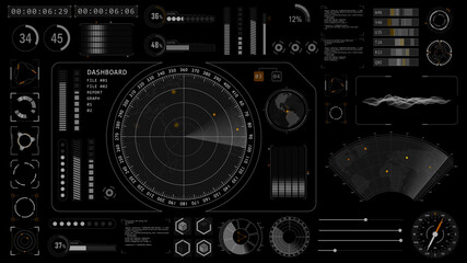 Poster - Sonar radar screen searching an object with futuristic head up display ( HUD UI ) technology interface screen and chat panel abstract background