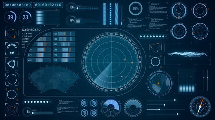 Poster - Blue color sonar radar screen searching an object with futuristic head up display ( HUD UI ) technology interface screen and chat panel abstract background